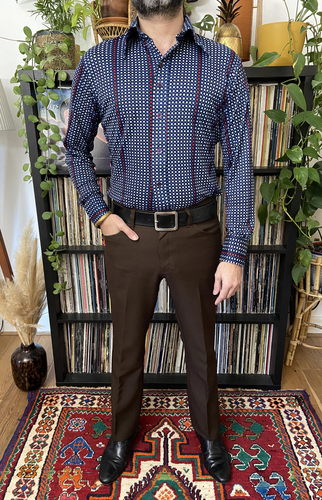 Vintage 1970s Soft Nylon Patterned Dagger Collar Shirt