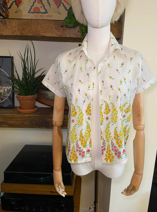 Vintage 1960s Cream Floral Open Blouse