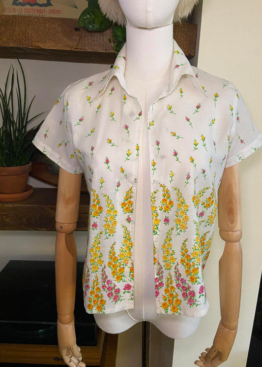 Vintage 1960s Cream Floral Open Blouse