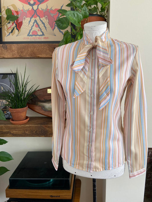 Vintage 1970s Beige Stripe St Michael Pussybow Blouse