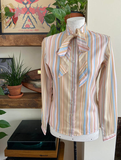 Vintage 1970s Beige Stripe St Michael Pussybow Blouse