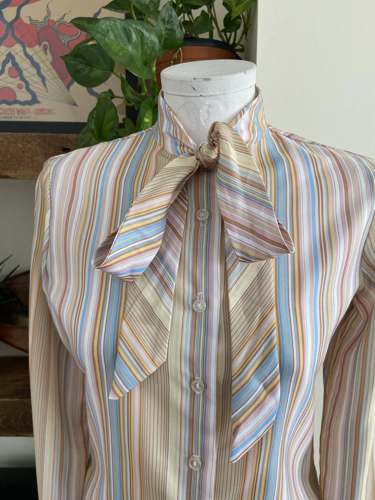 Vintage 1970s Beige Stripe St Michael Pussybow Blouse