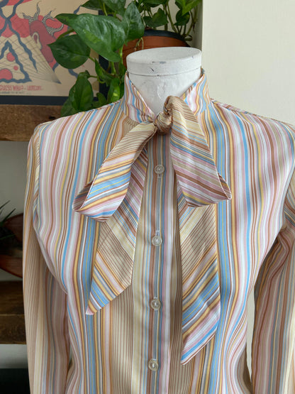 Vintage 1970s Beige Stripe St Michael Pussybow Blouse