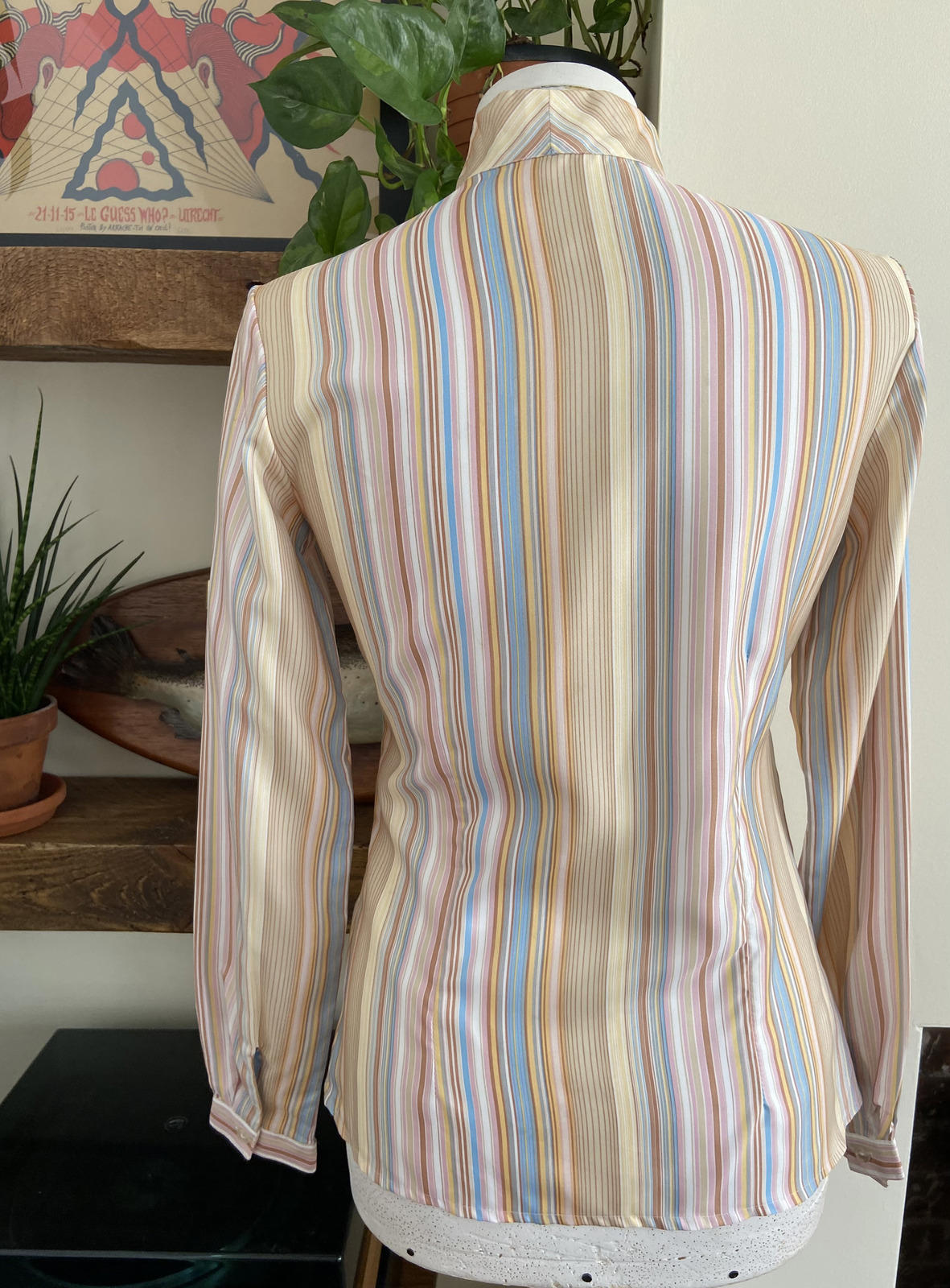Vintage 1970s Beige Stripe St Michael Pussybow Blouse