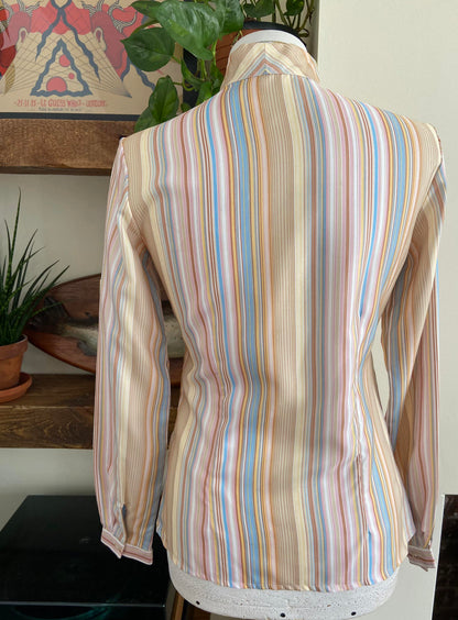 Vintage 1970s Beige Stripe St Michael Pussybow Blouse