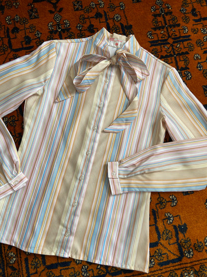 Vintage 1970s Beige Stripe St Michael Pussybow Blouse
