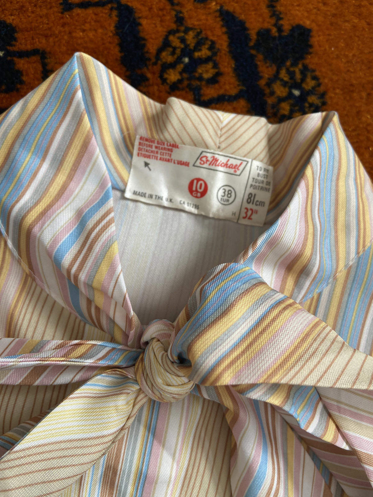 Vintage 1970s Beige Stripe St Michael Pussybow Blouse