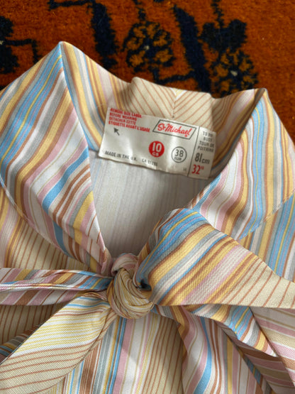 Vintage 1970s Beige Stripe St Michael Pussybow Blouse