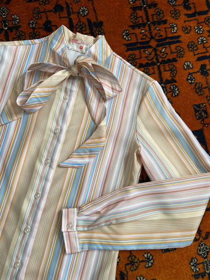Vintage 1970s Beige Stripe St Michael Pussybow Blouse