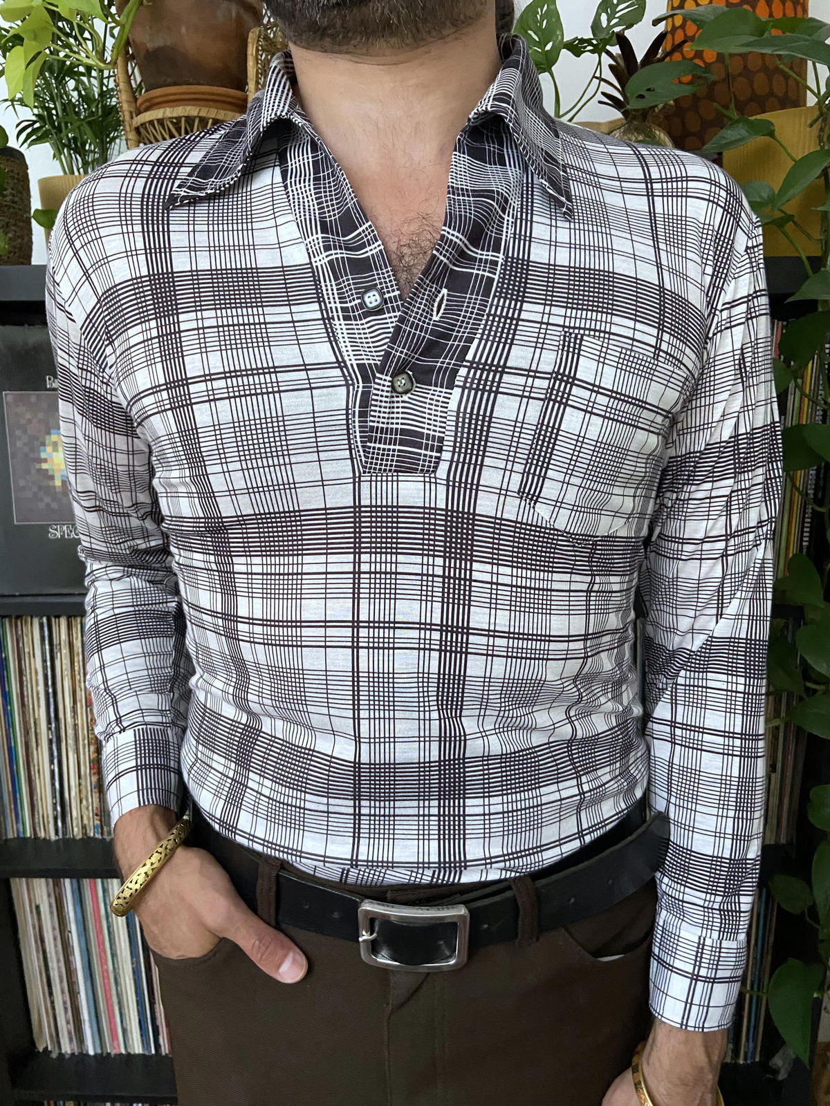 Vintage 1970s Japanese Black & White Checked Jersey Top