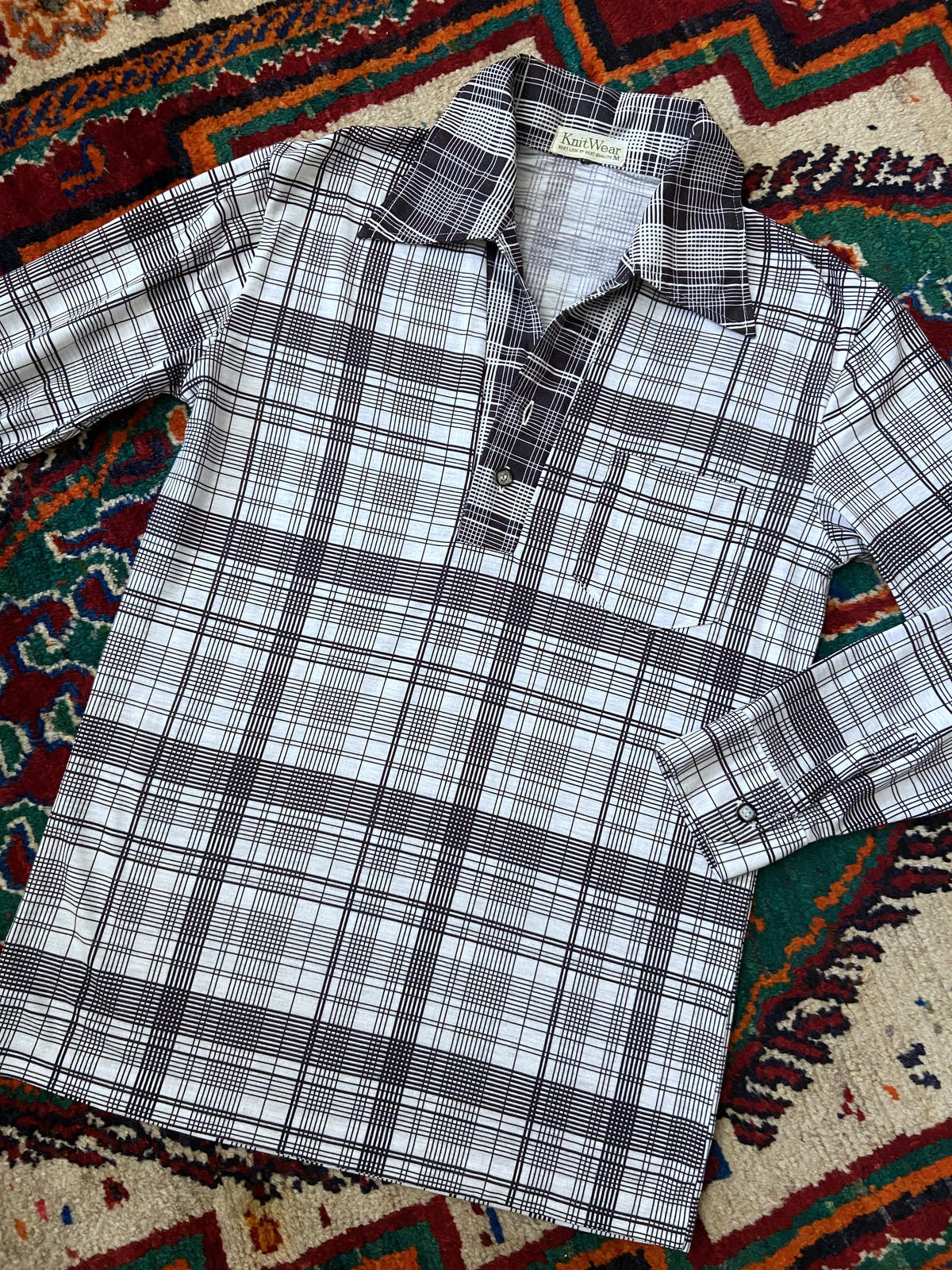 Vintage 1970s Japanese Black & White Checked Jersey Top