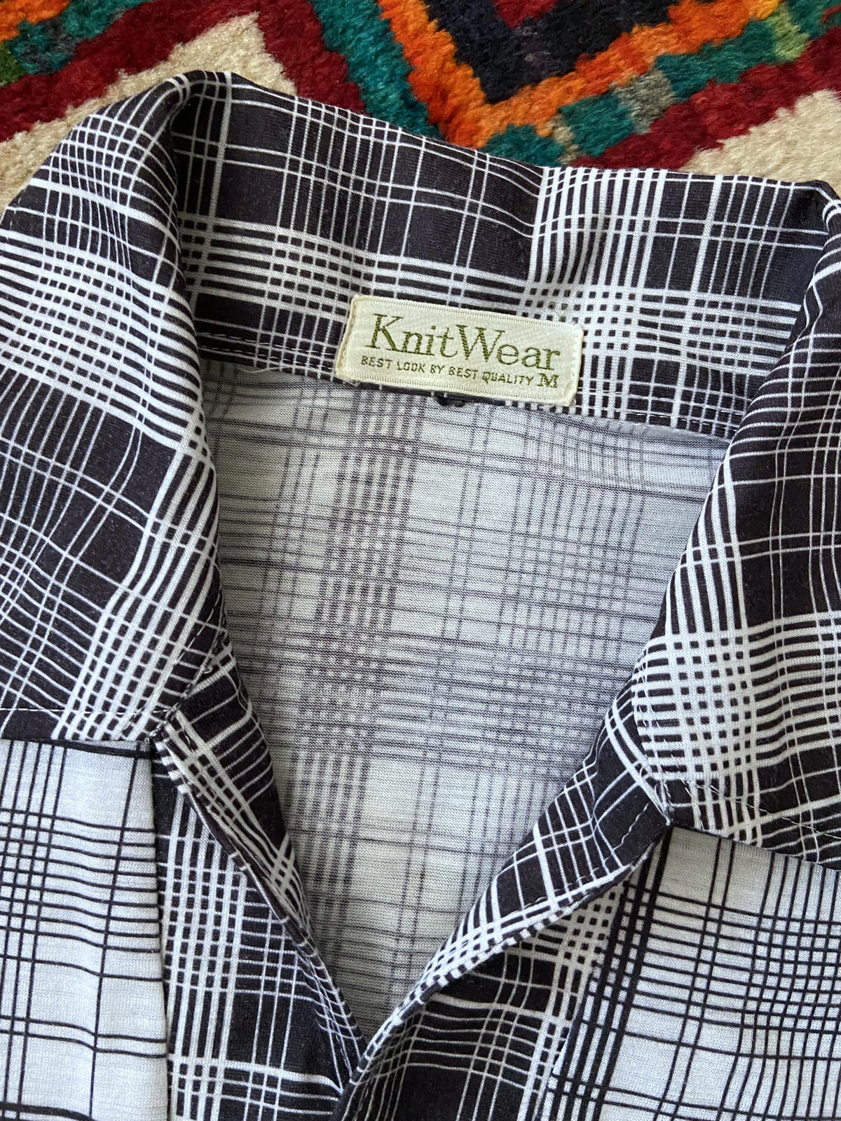 Vintage 1970s Japanese Black & White Checked Jersey Top