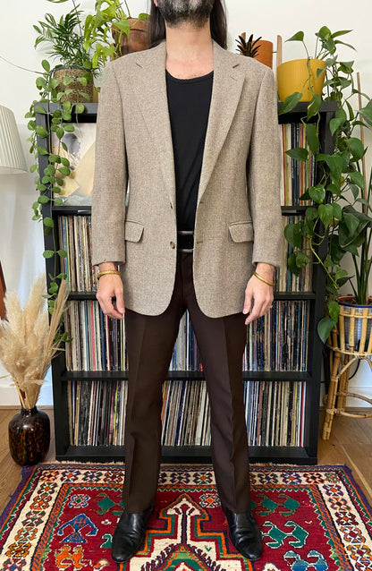 Vintage 1970s Beige Houndstooth Tweed Blazer Jacket