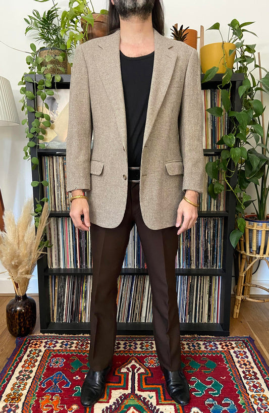 Vintage 1970s Beige Houndstooth Tweed Blazer Jacket