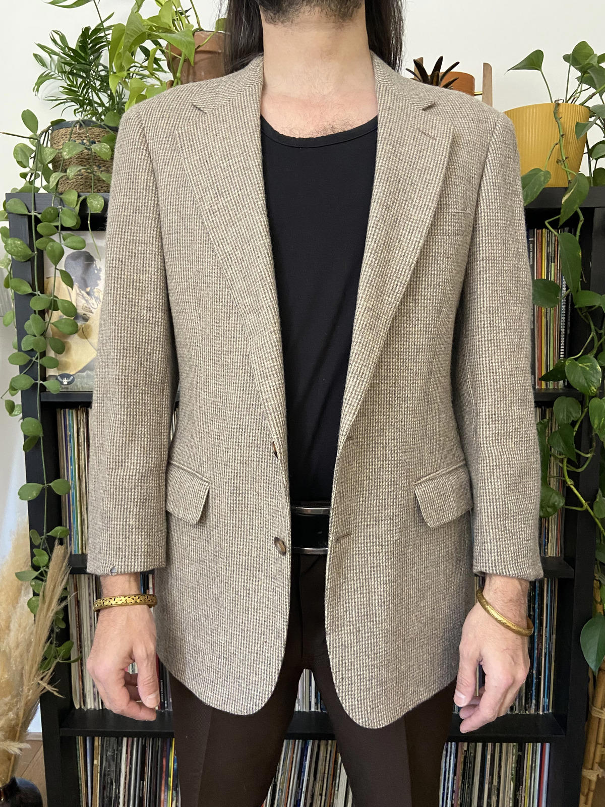 Vintage 1970s Beige Houndstooth Tweed Blazer Jacket