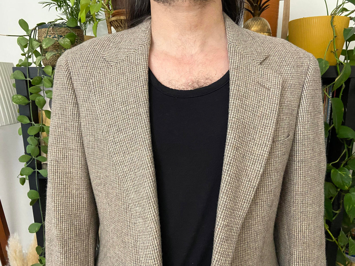 Vintage 1970s Beige Houndstooth Tweed Blazer Jacket