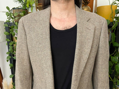 Vintage 1970s Beige Houndstooth Tweed Blazer Jacket