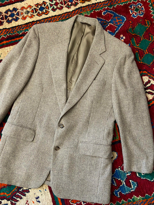 Vintage 1970s Beige Houndstooth Tweed Blazer Jacket