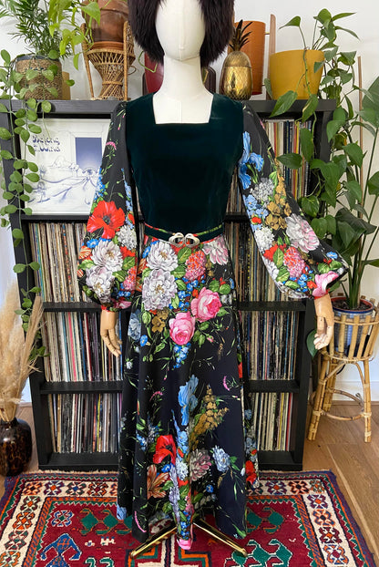 Vintage 1970s Green Velvet Floral Belted Maxi Dress