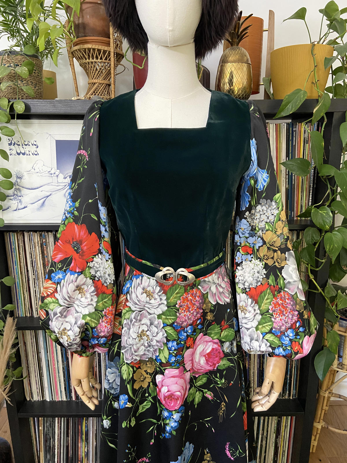 Vintage 1970s Green Velvet Floral Belted Maxi Dress