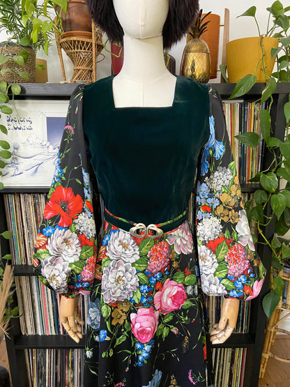 Vintage 1970s Green Velvet Floral Belted Maxi Dress