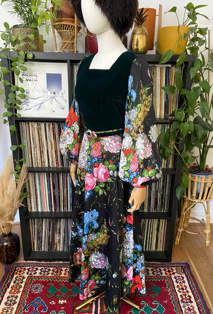 Vintage 1970s Green Velvet Floral Belted Maxi Dress