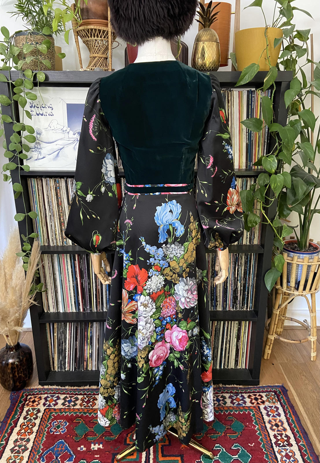 Vintage 1970s Green Velvet Floral Belted Maxi Dress