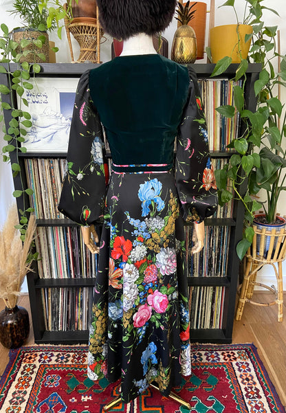 Vintage 1970s Green Velvet Floral Belted Maxi Dress