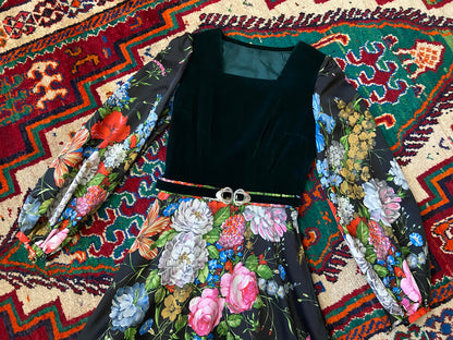 Vintage 1970s Green Velvet Floral Belted Maxi Dress