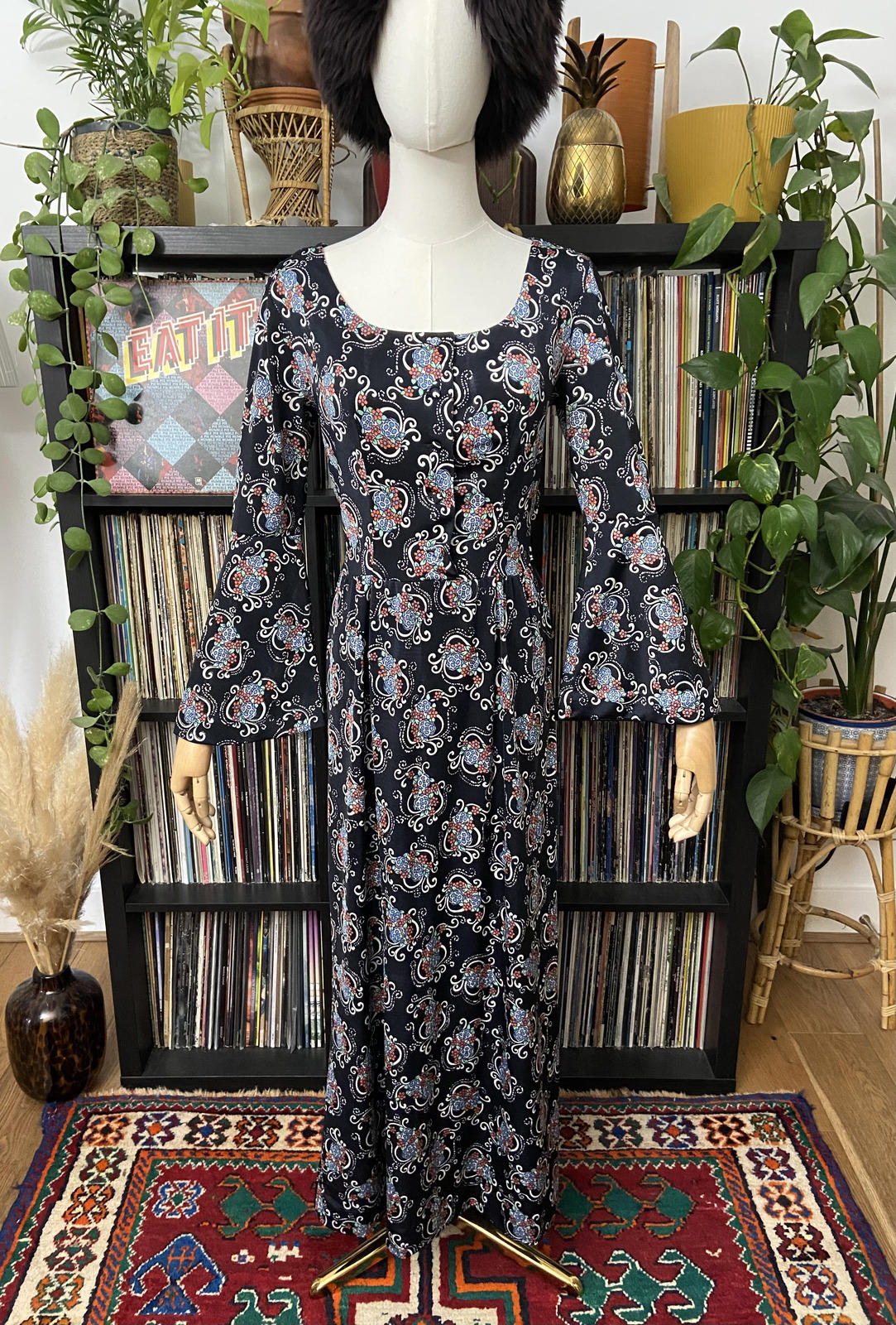 Vintage 90s Nylon Funnel Sleeve Maxi Dress