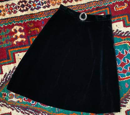 Vintage 1970s Black Velvet Buckle Belt Skirt