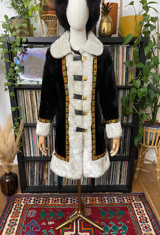 Vintage 1970s Black Faux Fur Trimmed Penny Lane Coat