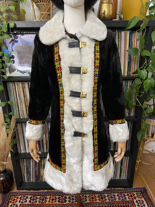 Vintage 1970s Black Faux Fur Trimmed Penny Lane Coat