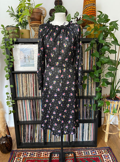 Vintage 1970s Black Floral Dress