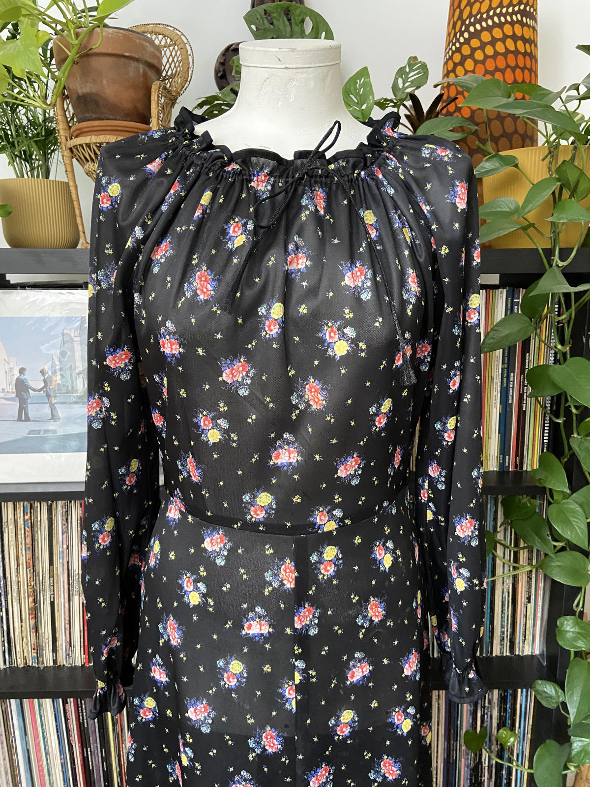 Vintage 1970s Black Floral Dress