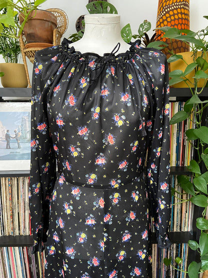 Vintage 1970s Black Floral Dress