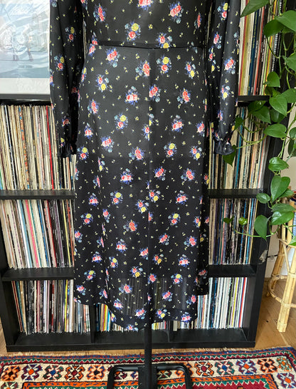 Vintage 1970s Black Floral Dress