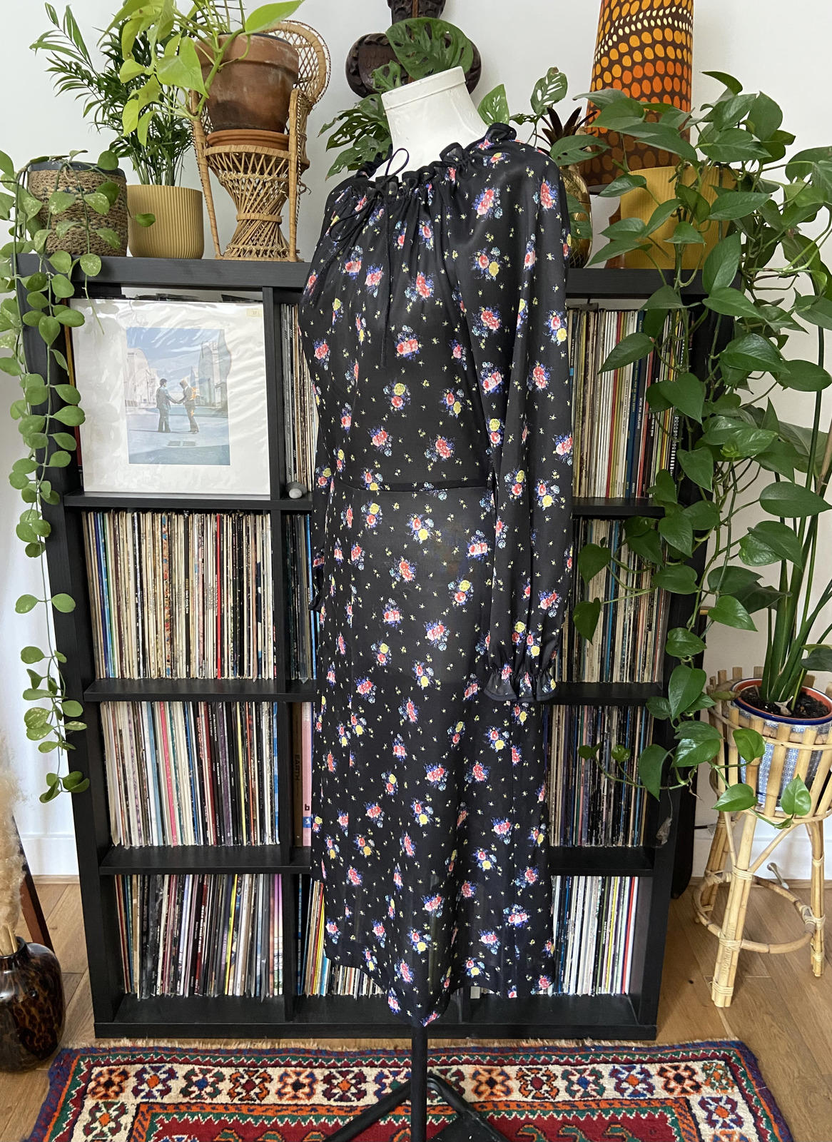 Vintage 1970s Black Floral Dress