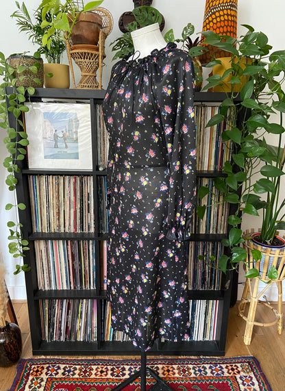 Vintage 1970s Black Floral Dress