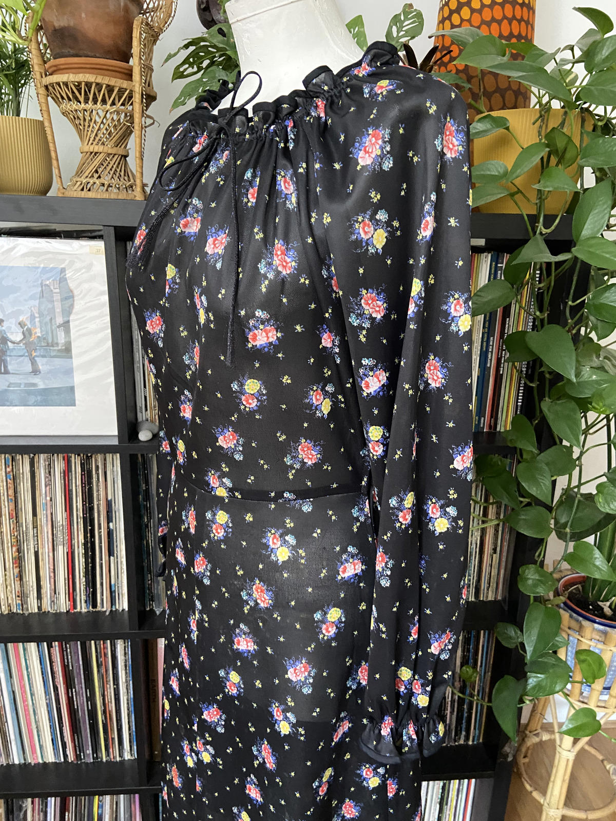 Vintage 1970s Black Floral Dress