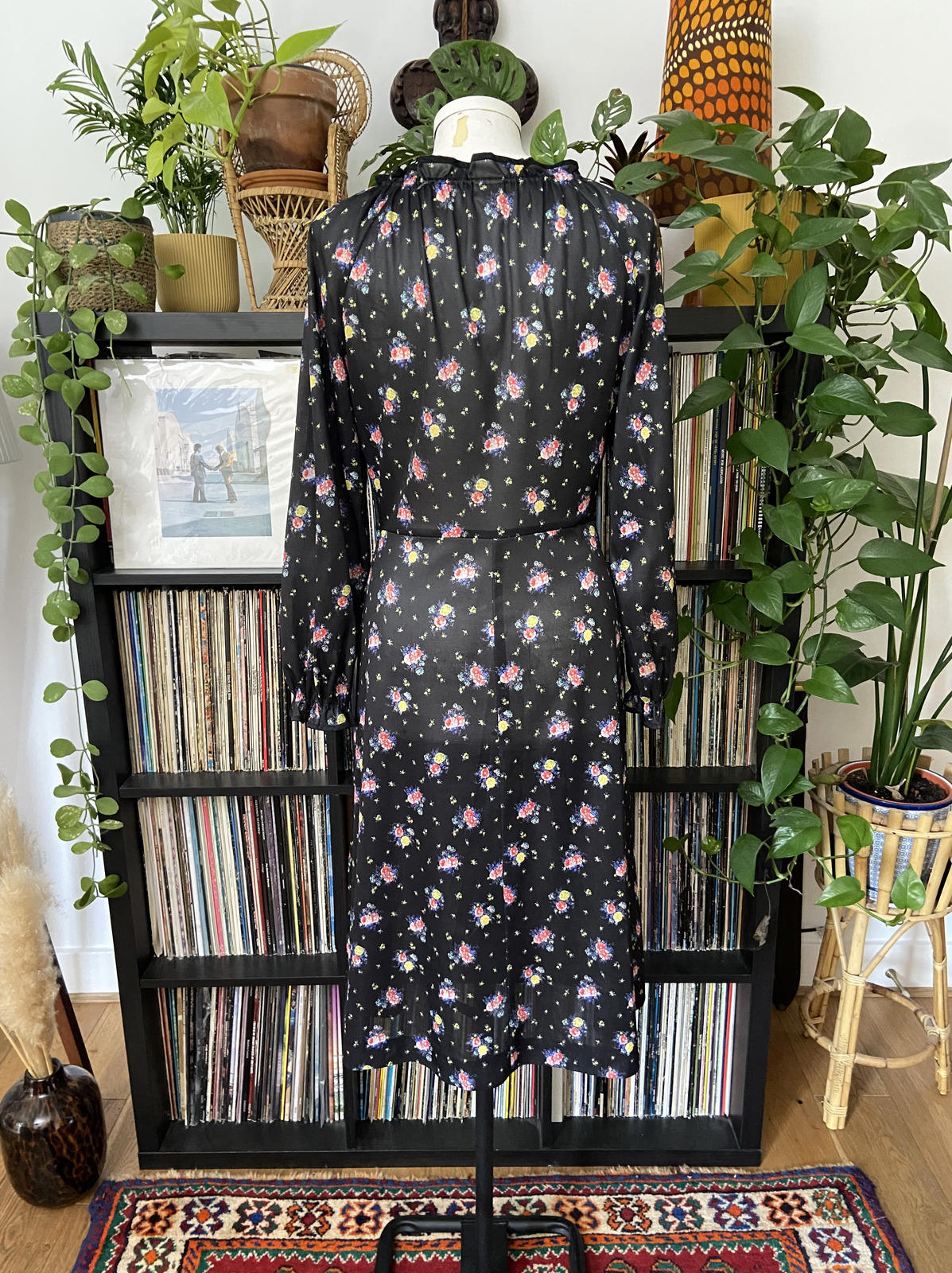 Vintage 1970s Black Floral Dress