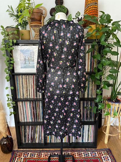 Vintage 1970s Black Floral Dress