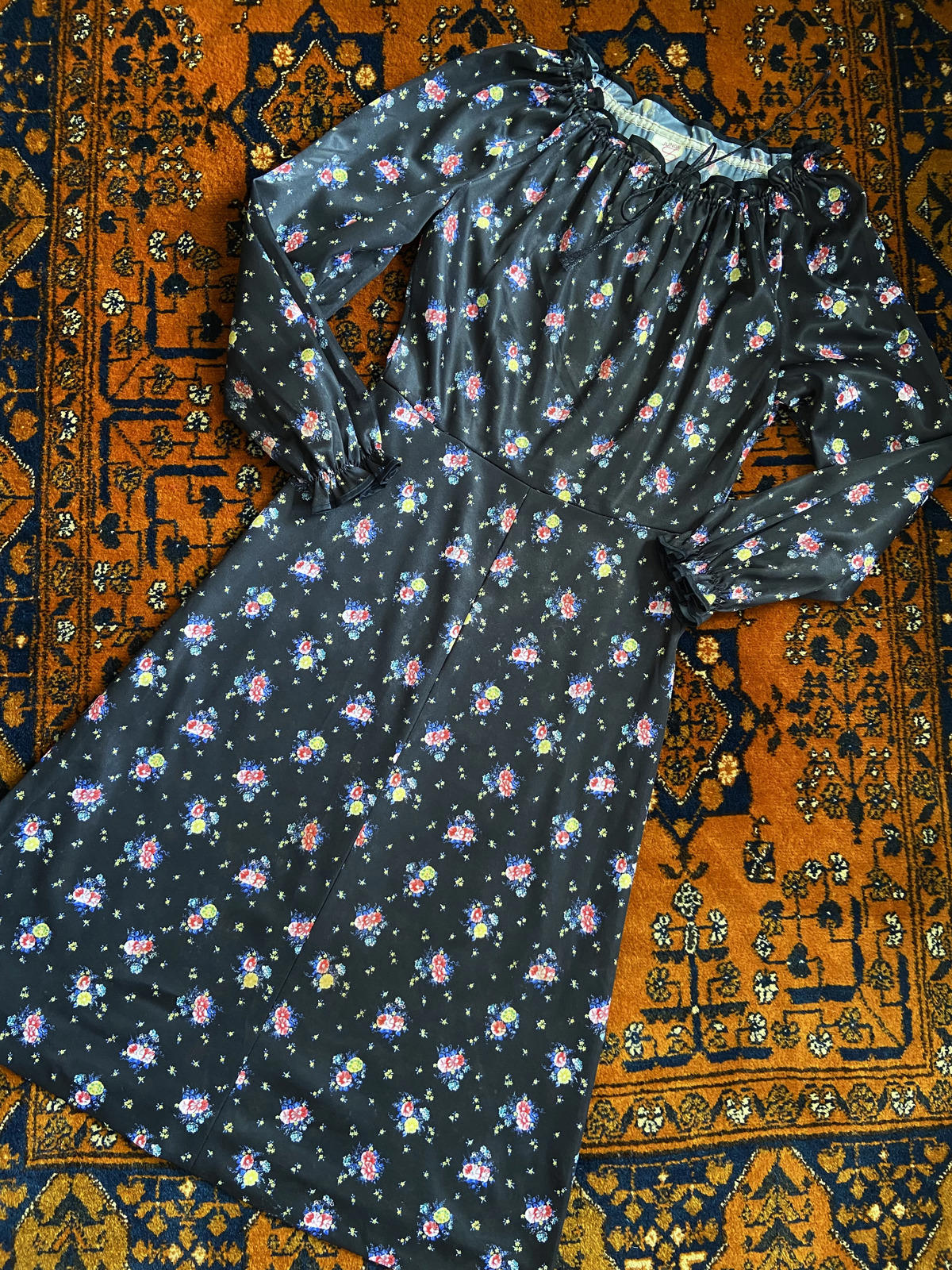 Vintage 1970s Black Floral Dress