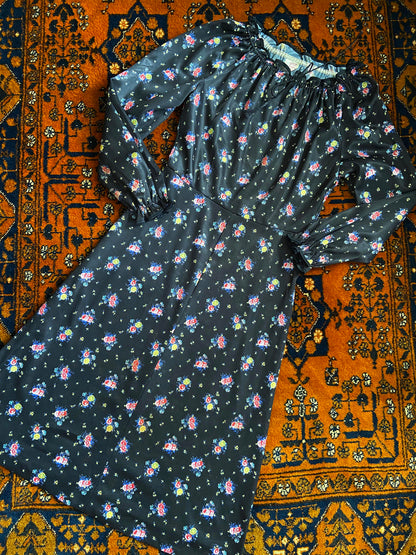 Vintage 1970s Black Floral Dress