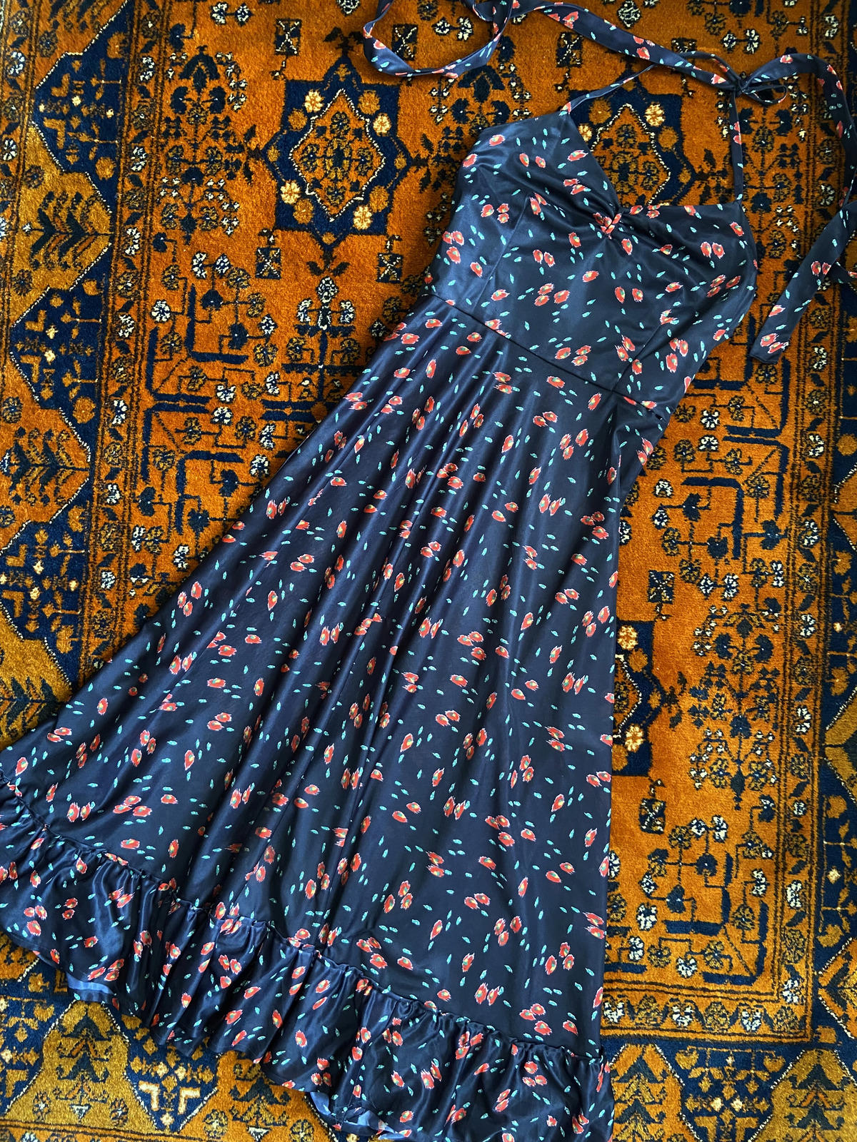 Vintage 1970s Black Printed Halterneck Dress