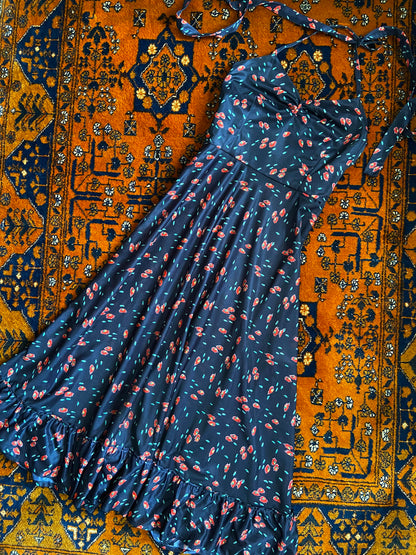 Vintage 1970s Black Printed Halterneck Dress