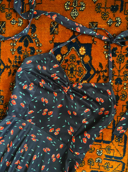 Vintage 1970s Black Printed Halterneck Dress