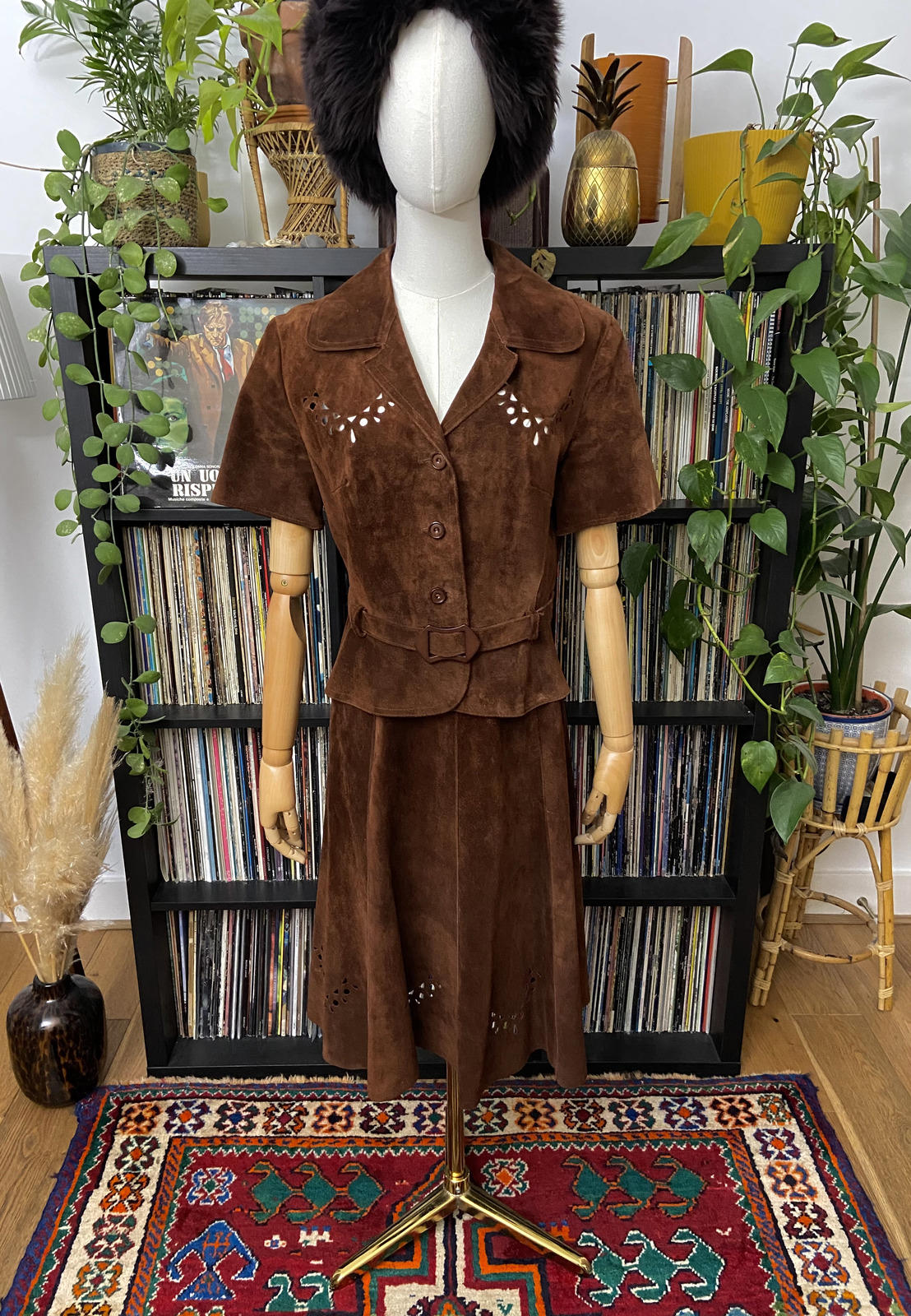 Vintage 1970s Brown Cut Out Suede Skirt Suit