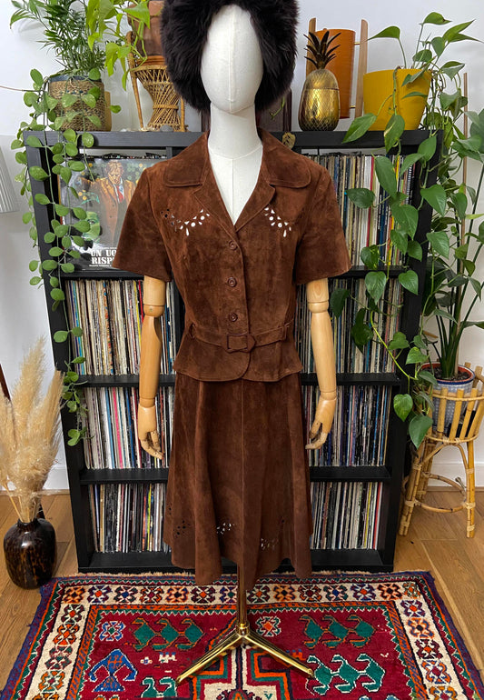 Vintage 1970s Brown Cut Out Suede Skirt Suit