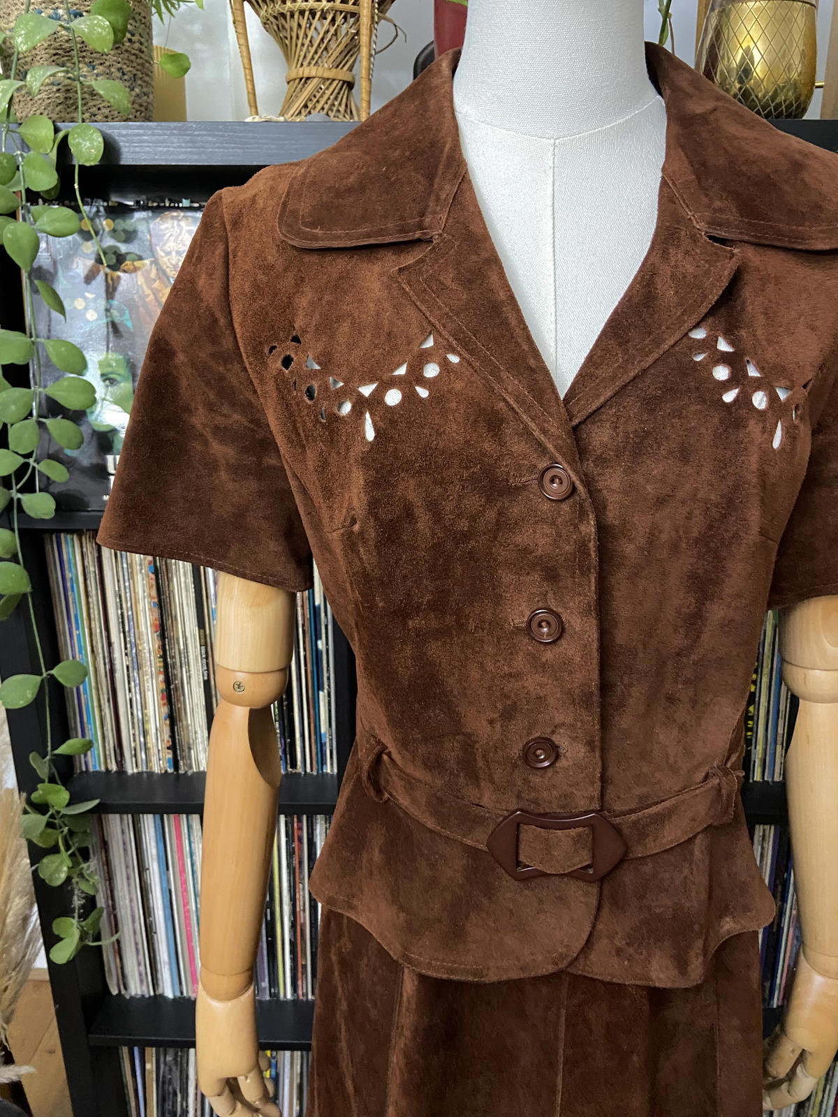 Vintage 1970s Brown Cut Out Suede Skirt Suit